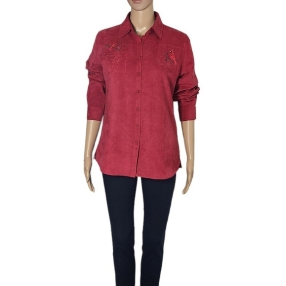 Northern Reflections Red Embroided Suede Button Down Shirt Shacket Size XS - Picture 16 of 16